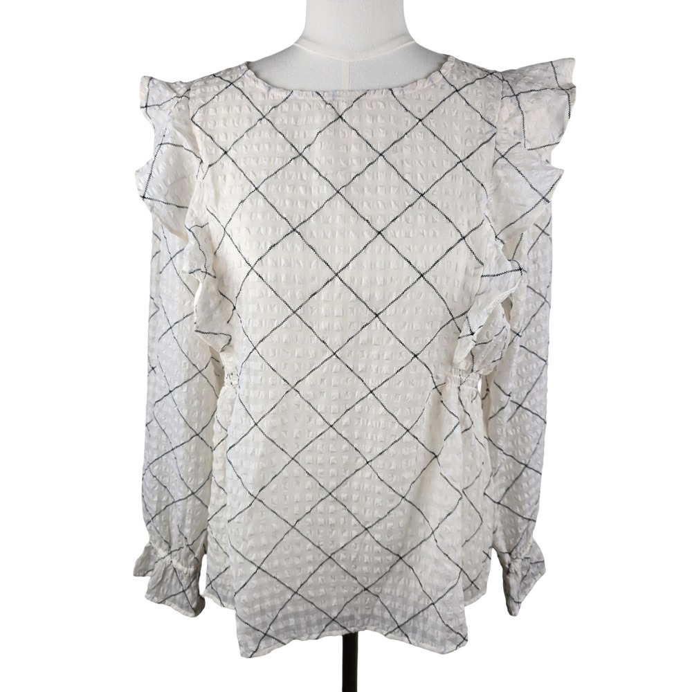 LOFT Blouse Small Ivory Black Windowpane Ruffle Shoulder Textured Preppy